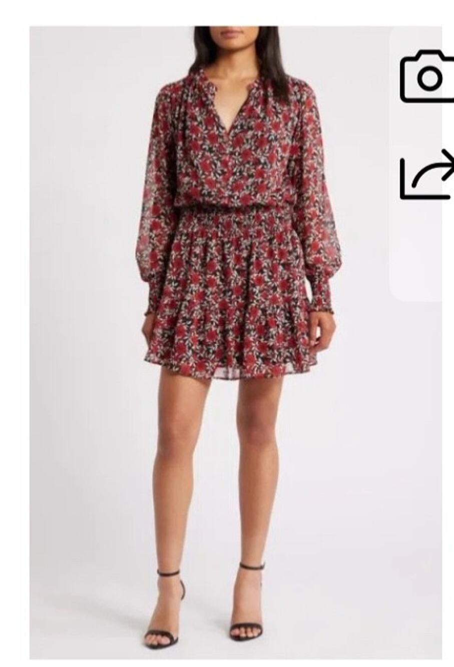 Socialite Floral Chiffon Mini Dress XS Red Black Long Sleeve Smocked Waist NWT